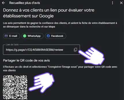 QR code and Google review link to copy