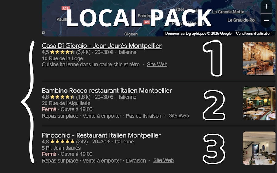 Example of the Local Pack / Snack Pack for the search “Italian restaurant Montpellier” for illustrating a restaurant’s local SEO.